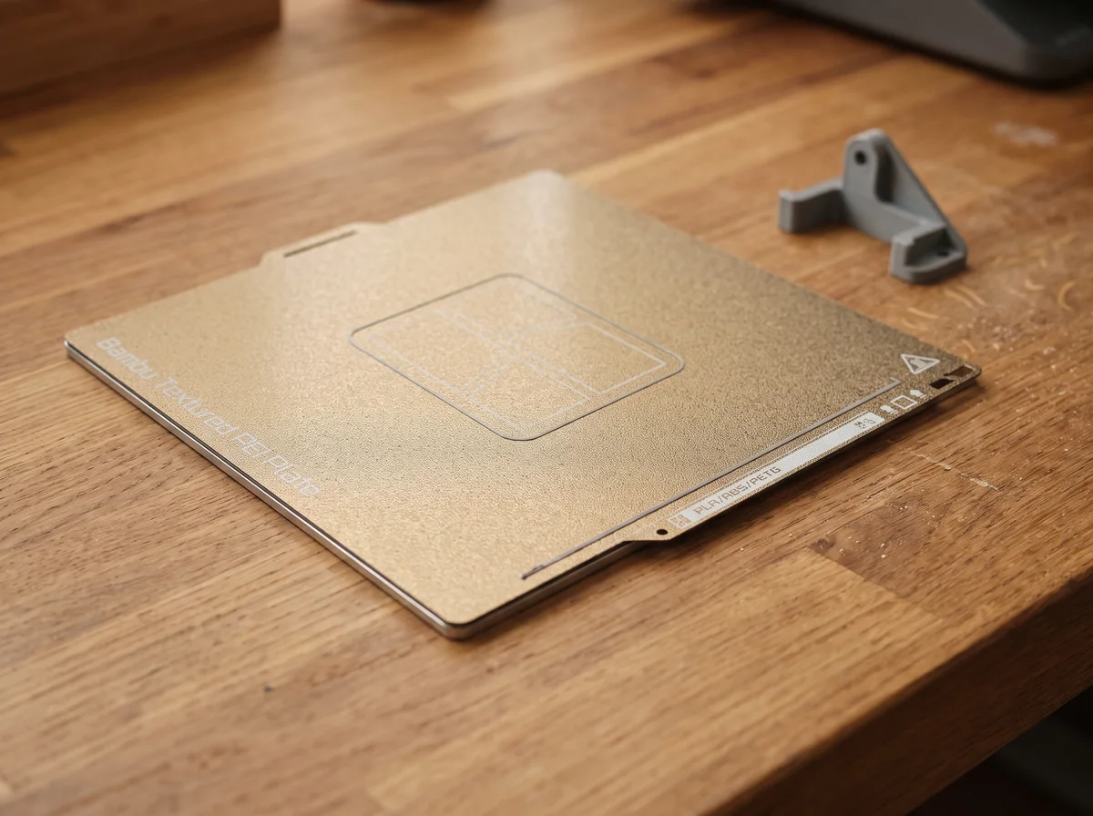A cooled part lets go on its own. Illustration, treated from Bambu Lab's product photography.