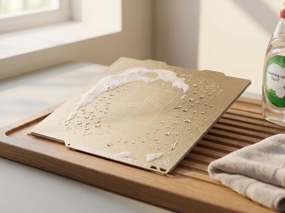 Dish soap and warm water. Illustration, treated from Bambu Lab's product photography.