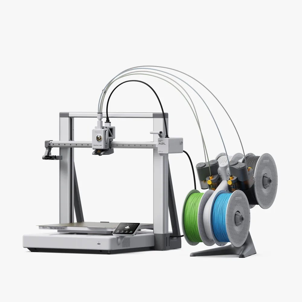 Bambu Lab A2L 3D printer with an AMS lite and four spools beside it