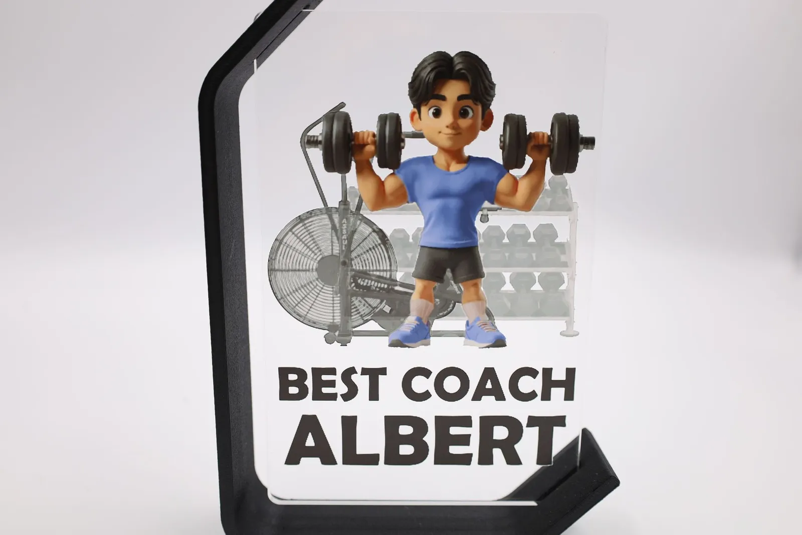Arc plaque printed with a cartoon coach lifting dumbbells and BEST COACH ALBERT